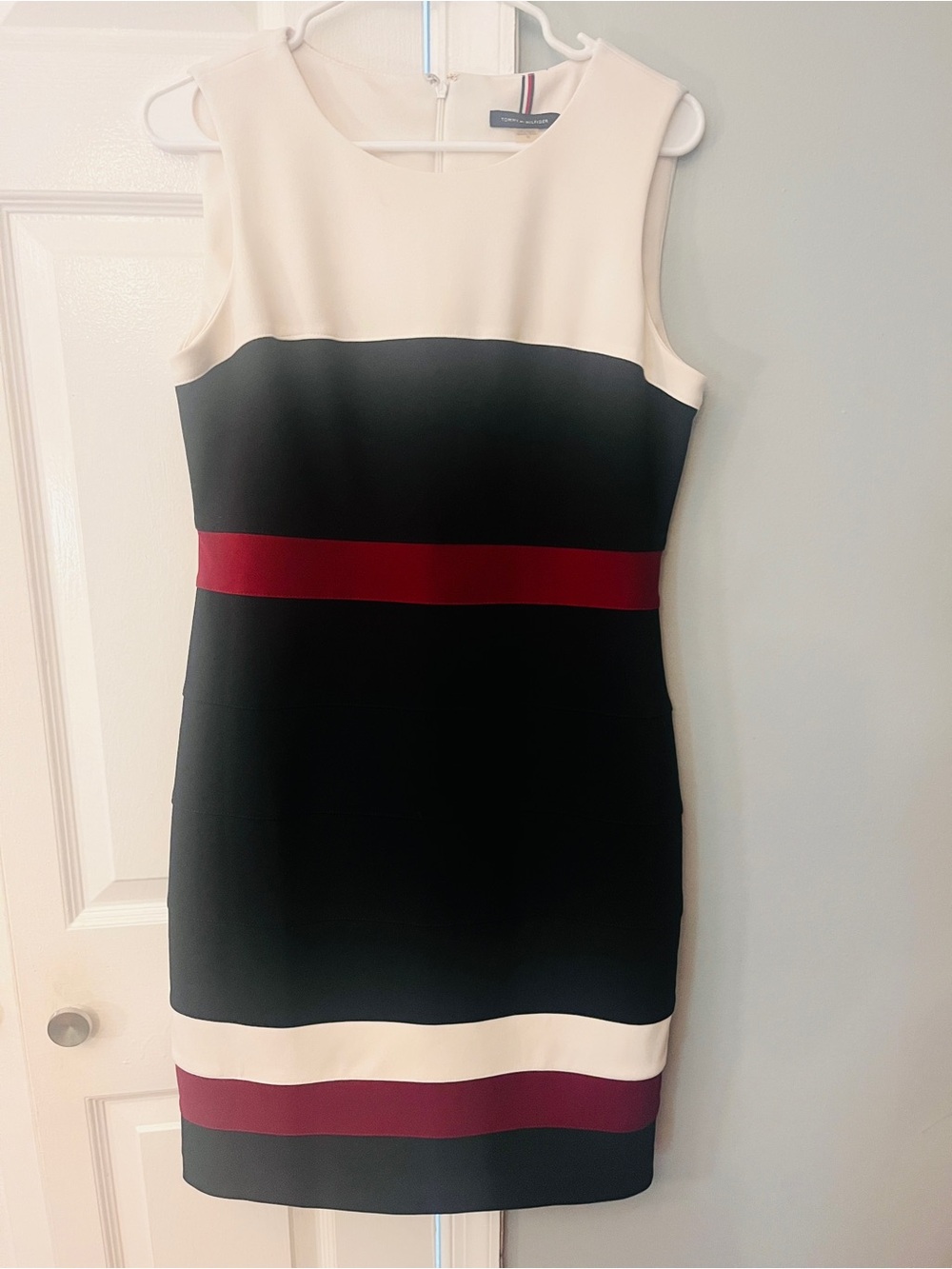 Tommy Hilfiger Black, Ivory & Burgundy Sheath Dress